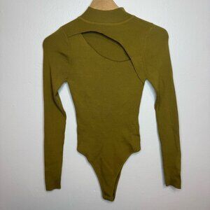 Long Sleeve Bodysuit Ribbed Olive Green High Neck Cutout